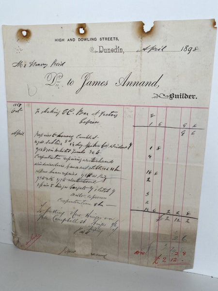 ANTIQUE INVOICE: James Annand, Dunedin - Builder 1898 (126yo) Carousel 2