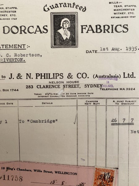 VINTAGE INVOICE: J. & N. Philips & Co. Ltd. Sydney - Dorcas Fabrics 1935 Carousel 1