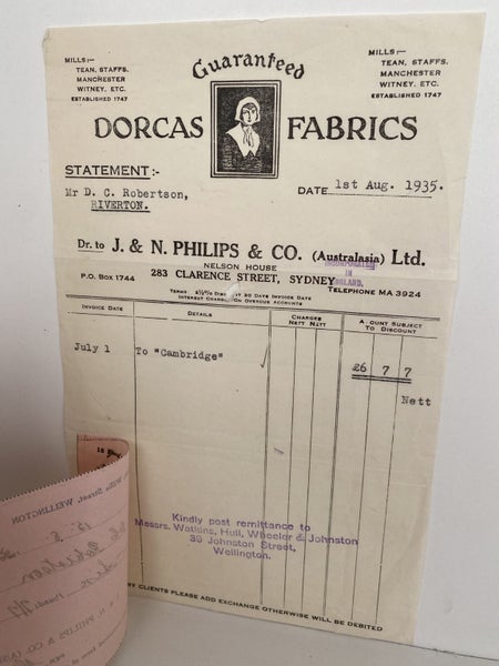 VINTAGE INVOICE: J. & N. Philips & Co. Ltd. Sydney - Dorcas Fabrics 1935 Carousel 3