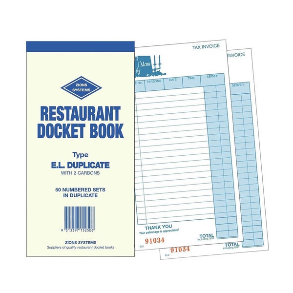 Zions Duplicate Restaurant Docket Book (210x100mm) Carousel 1