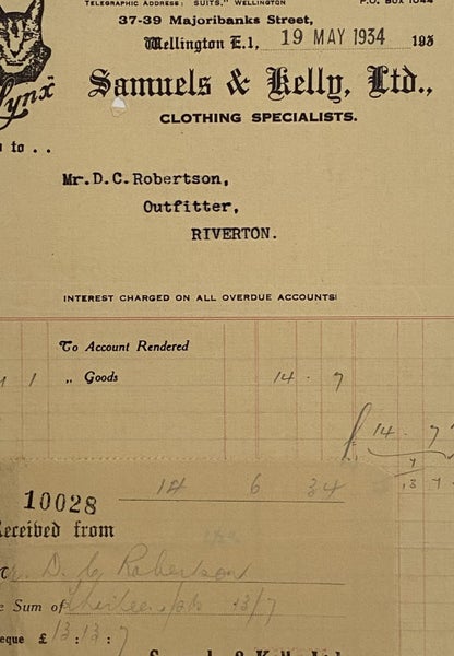 ANTIQUE INVOICE / RECEIPT: Samuels & Kelly Ltd, Wellington - Clothing 1934 Carousel 1