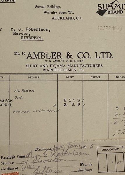 VINTAGE INVOICE / RECEIPT: Ambler & Co. Ltd, Auckland - Shirts & Pajamas 1935 Carousel 1