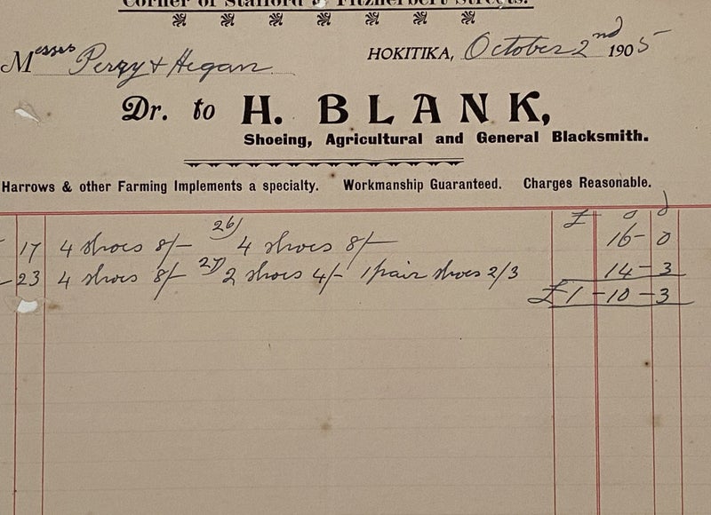 ANTIQUE INVOICE: H. Blank, Hokitika – Shoeing, Agricultural and Blacksmiths 1905 Carousel 1