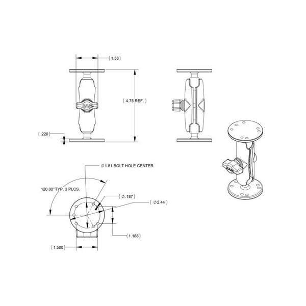 RAM Double Ball Mount with 2 Round Base Plates - B Series (1" Ball) - Medium Carousel 3