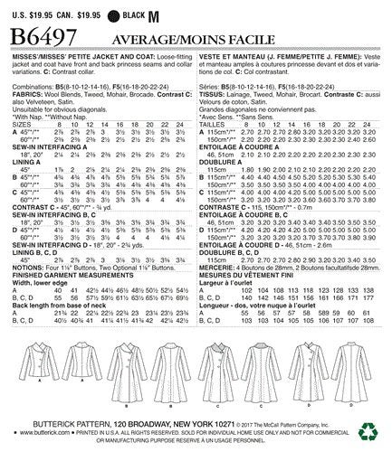 Butterick Pattern 6497 Misses'/Misses' Petite Jacket and Coats with Asymmetrical Carousel 2