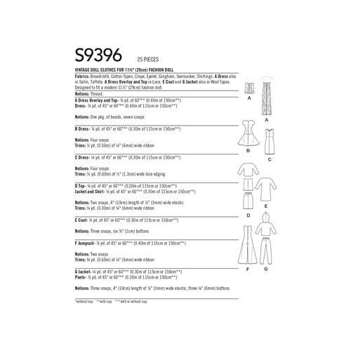 Simplicity Pattern 9396 Vintage Doll Clothes OS (ONE SIZE) Carousel 2