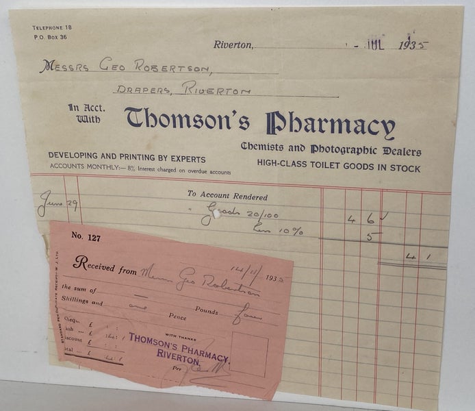 VINTAGE INVOICE: Thomson’s Pharmacy, Riverton – Chemists 1935 Carousel 2