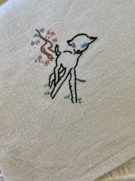 A superb UNUSED hand embroidered vintage white Irish linen Tea Towel #2 Carousel 2