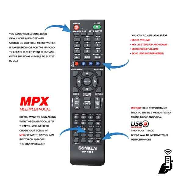 Sonken MP4000 Pro Karaoke Machine + 225 Country Karaoke Songs + 2 Wired Micro... Carousel 10