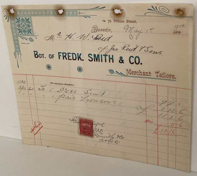 ANTIQUE INVOICE: Fredk. Smith & Co, Dunedin – Merchant Tailors 1900 (124yo) Carousel 2