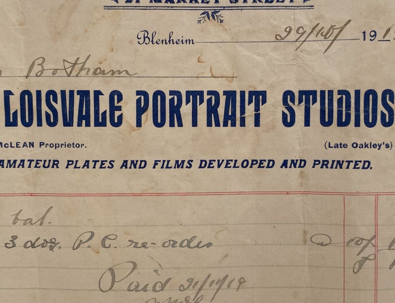 ANTIQUE INVOICE: Loisvale Portrait Studios, Blenheim 1919 (104 yo) Carousel 1