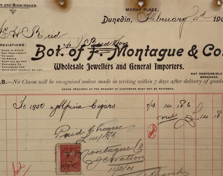 ANTIQUE INVOICE: F. Montague & Co. Dunedin – Jewellers & Importers 1901 (125yo) Carousel 1