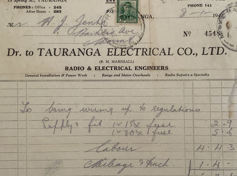 VINTAGE INVOICE: Tauranga Electrical Co Ltd - Radio & Electrical Engineers 1948 Carousel 1