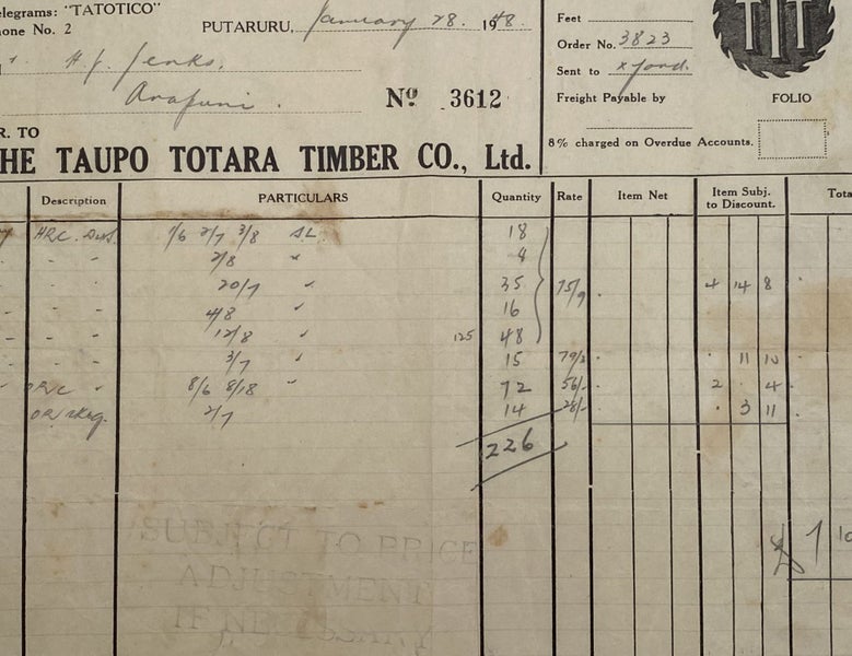VINTAGE INVOICE: The Taupo Totora Timber Co. Ltd, Putararu 1948 Carousel 1