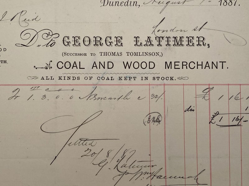 ANTIQUE INVOICE: George Latimer, Dunedin – Coal and Wood Merchant 1887 (137yo) Carousel 1