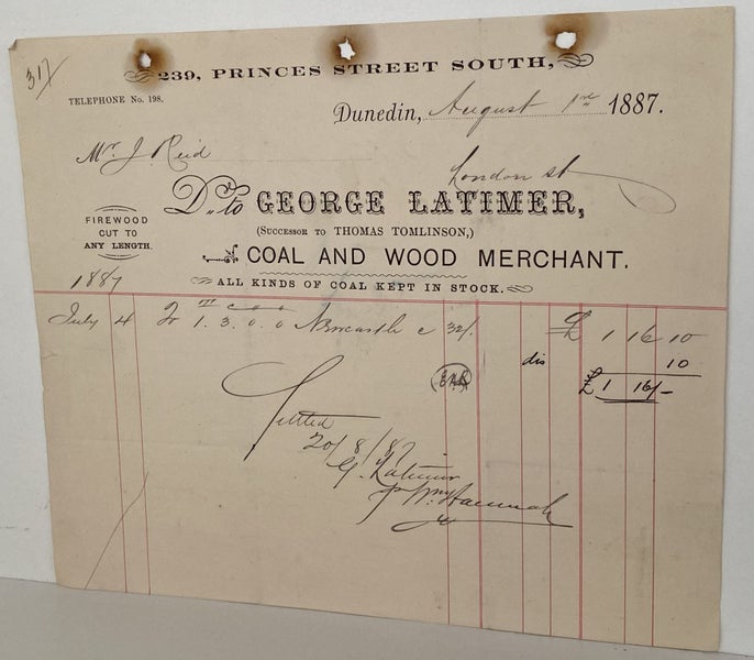 ANTIQUE INVOICE: George Latimer, Dunedin – Coal and Wood Merchant 1887 (137yo) Carousel 2