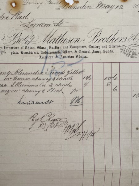ANTIQUE INVOICE: Matheson Brothers & Co, Dunedin - China, Glass, Lampware 1887 Carousel 1