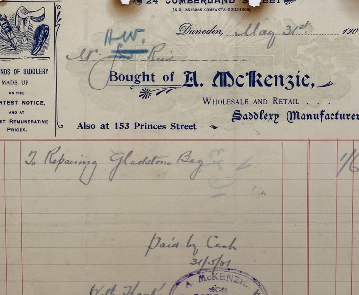 ANTIQUE INVOICE: A. McKenzie, Dunedin - Saddlery Manufacturer 1901 (125 yo) Carousel 1