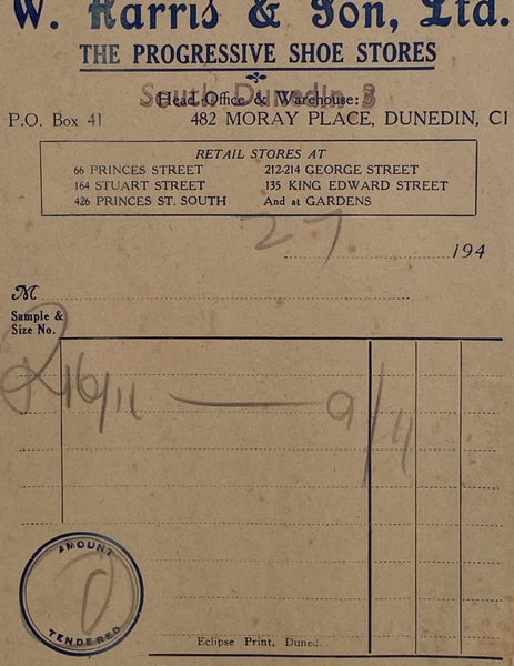 VINTAGE INVOICE: W. Harris & Son Ltd, Dunedin – The Progressive Shoe Stores 1940 Carousel 1