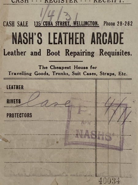 VINTAGE INVOICE: Nash’s Leather Arcade, Wellington – Leather & Boot Repairs 1931 Carousel 1