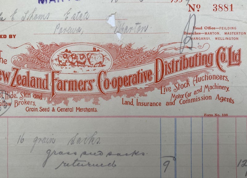 VINTAGE INVOICE: The New Zealand Farmers Co-operative Distributing Co. Ltd. 1939 Carousel 1