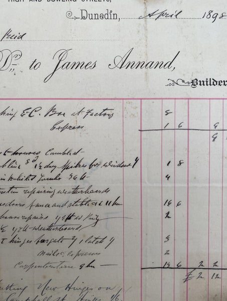 ANTIQUE INVOICE: James Annand, Dunedin - Builder 1898 (126yo) Carousel 1