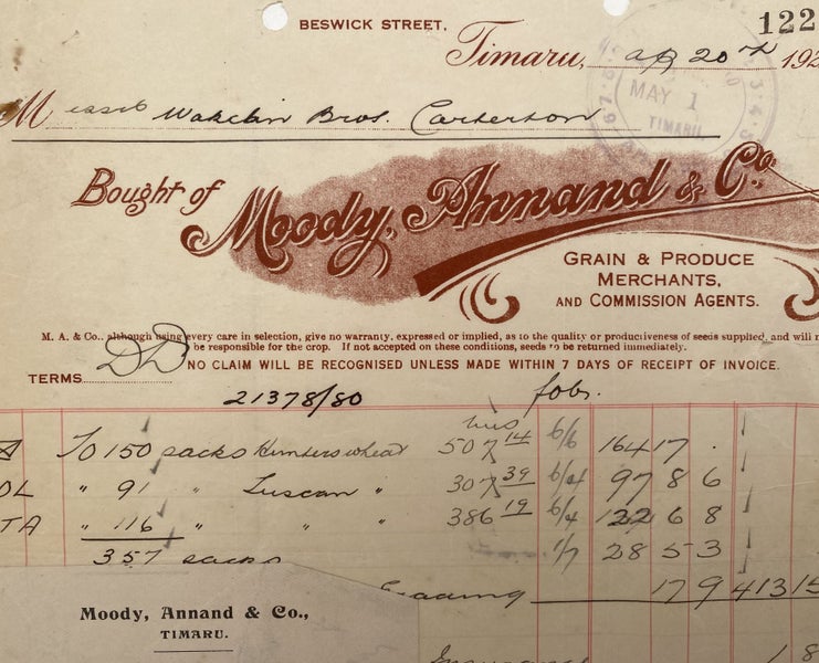 ANTIQUE INVOICE: Moody Annand & Co, Dunedin - Grain & Produce Merchants 1925 Carousel 1