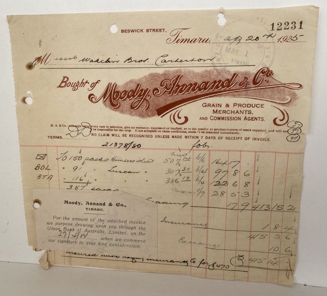 ANTIQUE INVOICE: Moody Annand & Co, Dunedin - Grain & Produce Merchants 1925 Carousel 2