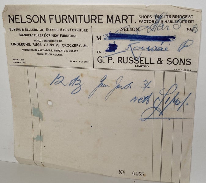VINTAGE INVOICE: G. P. Russell & Sons Ltd, Nelson 1943 Carousel 2