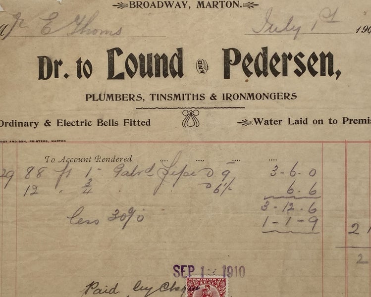 ANTIQUE INVOICE: Lound & Pedersen, Marton - Plumbers, Tinsmiths 1910 (114yo) Carousel 1