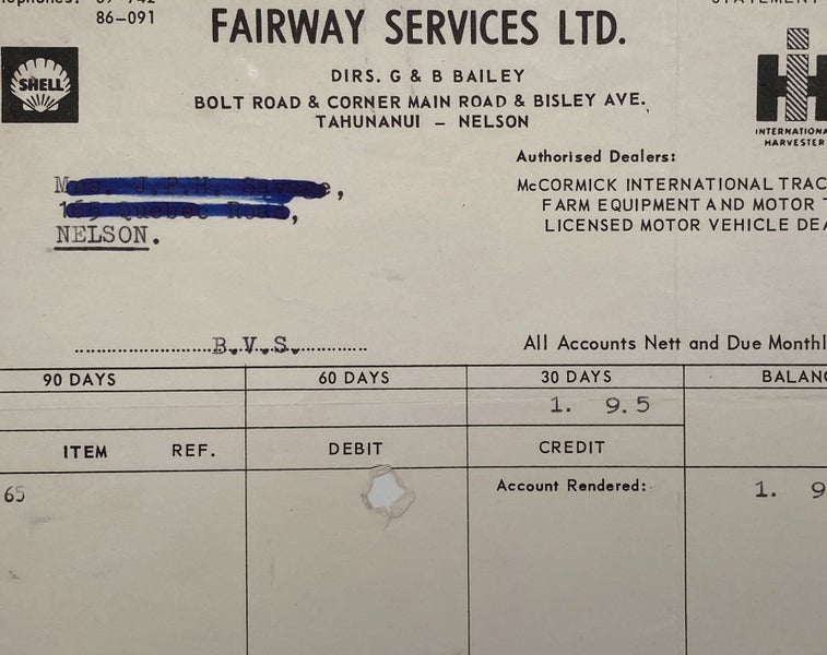 VINTAGE INVOICE: Fairway Services Ltd - International Tractors 1965 Carousel 1