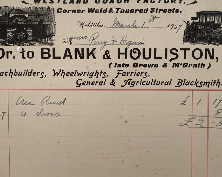 ANTIQUE INVOICE: Blank & Houliston, Hokitika - Westland Coach Factory 1907 Carousel 1