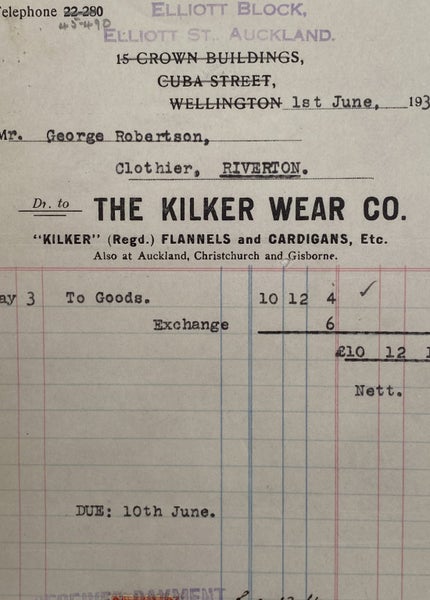 VINTAGE INVOICE: The Kilker Wear Co, Auckland 1935 Carousel 1