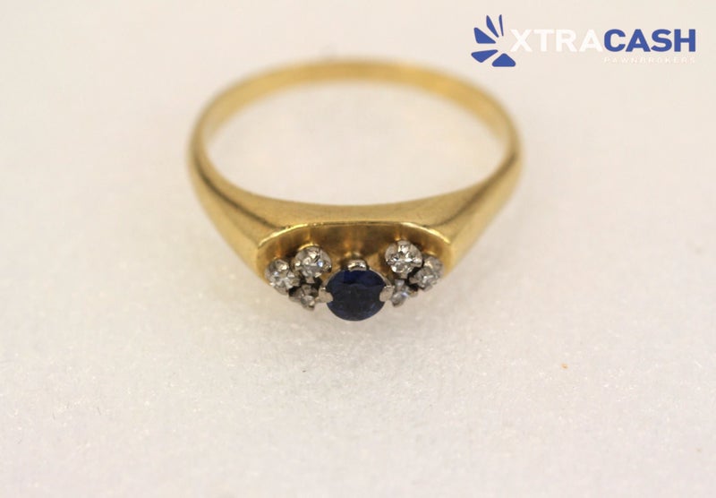 18ct Yellow Gold Blue Sapphire and Diamond Dress Ring with Papers Carousel 1