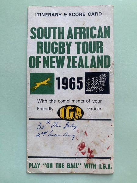 RUGBY MEMORABILIA: Score card - South African Rugby Tour of New Zealand 1965 Carousel 1