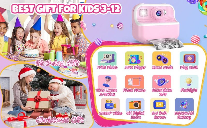 Kids Camera Instant Print Toys Toddler Cameras Printing Photos1080P Video Camer Carousel 2