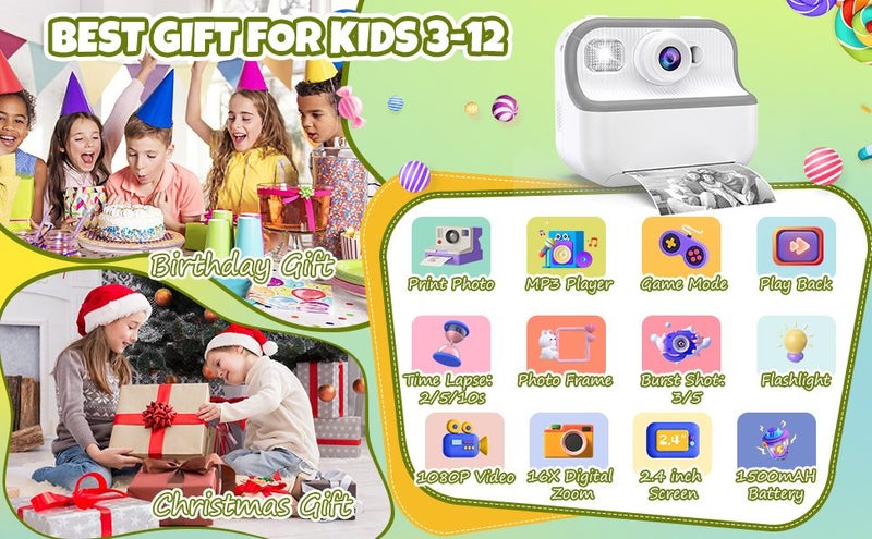 Kids Camera Instant Print Toys Toddler Cameras Printing Photos,1080P Video Camer Carousel 2