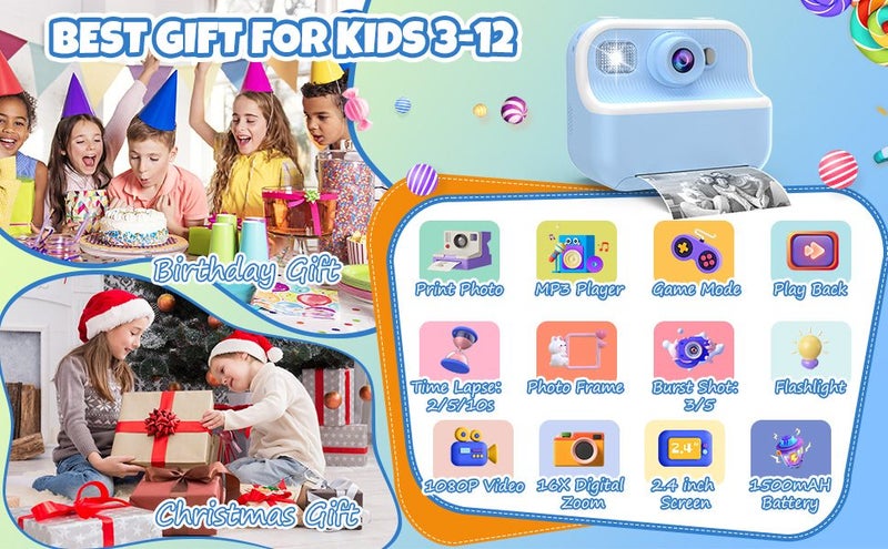 Kids Camera Instant Print Toys Toddler Cameras Printing Photos,1080P Video Camer Carousel 2