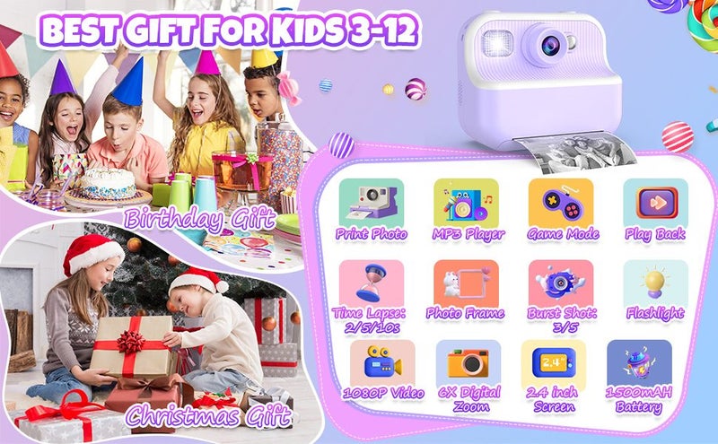 Kids Camera Instant Print Toys Toddler Cameras Printing Photos1080P Video Camer Carousel 2