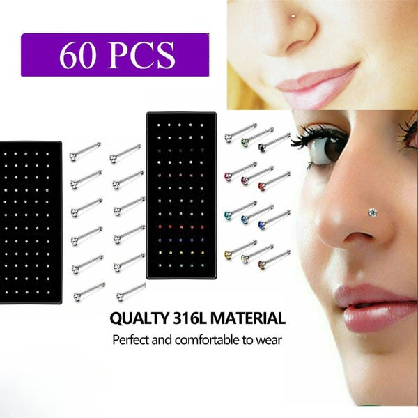 60PCS Stainless Steel Crystal Nose Studs Straight Nose Pin Body Piercing Carousel 1