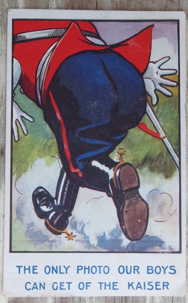 WW1 propaganda postcard showing the backside of a retreating Kaiser Wilhelm Carousel 1