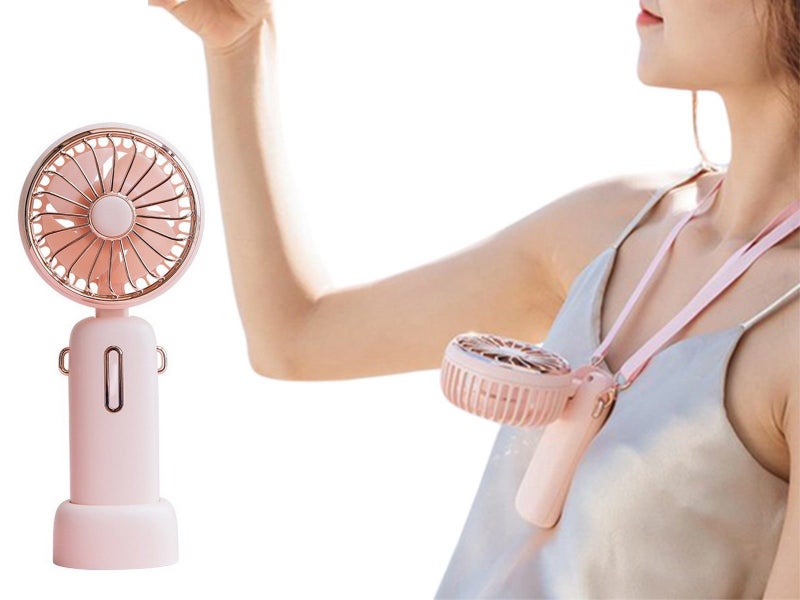 USB Mini Handheld Fan with Hanging Rope Electric Fan with 3 Wind Speeds Pink Carousel 1