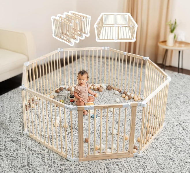 Baby Playpen Baby Gate Baby Foldable Wooden Play Fence with Locking Gate Carousel 1