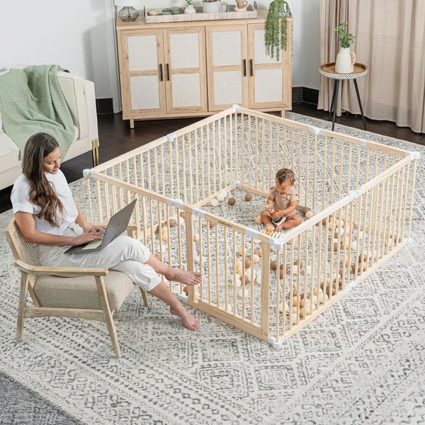 Baby Playpen Baby Gate Baby Foldable Wooden Play Fence with Locking Gate62999982835458113