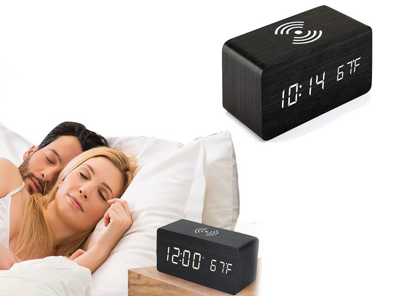 Digital Alarm Clock Wooden Temperature LED Clock with Wireless Charger Black Carousel 1