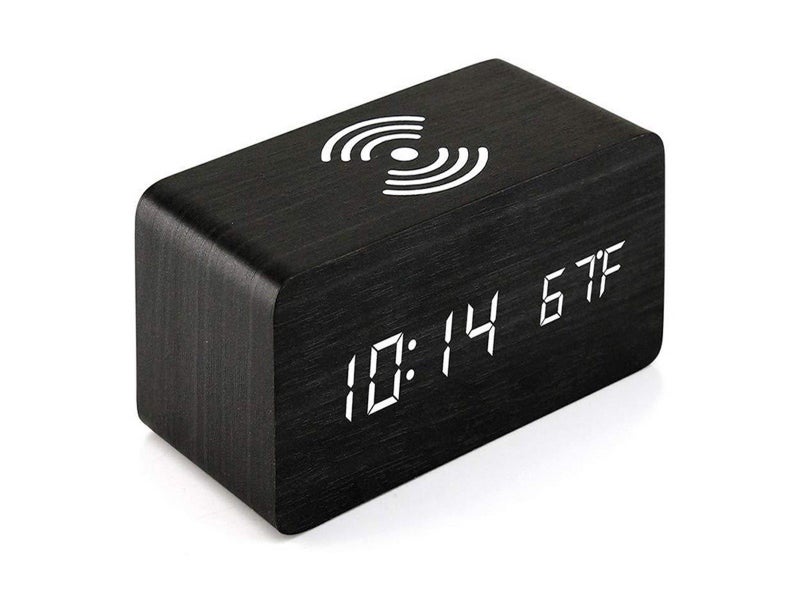 Digital Alarm Clock Wooden Temperature LED Clock with Wireless Charger Black Carousel 2
