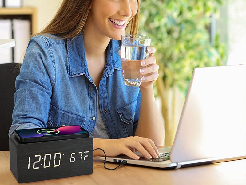 Digital Alarm Clock Wooden Temperature LED Clock with Wireless Charger Black Carousel 6