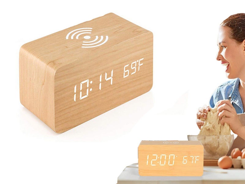 Digital Alarm Clock Wooden Temperature LED Clock with Wireless Charger Wood Carousel 1