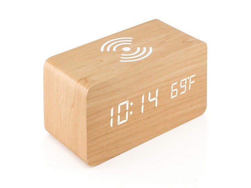 Digital Alarm Clock Wooden Temperature LED Clock with Wireless Charger Wood Carousel 2