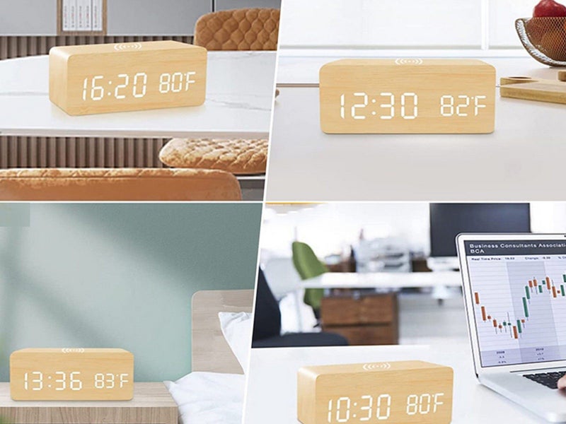 Digital Alarm Clock Wooden Temperature LED Clock with Wireless Charger Wood Carousel 5